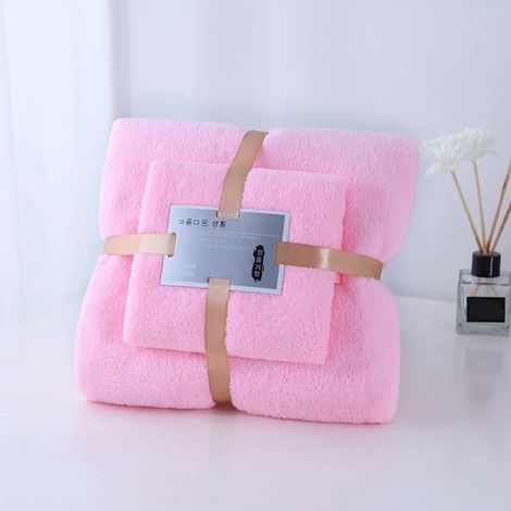 Lot de 2 serviettes de bain roses douces et absorbantes en tissu polaire corail, 35x75cm et 70x140cm. (1/4)