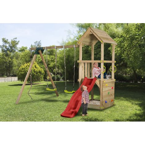 Aire de jeux en bois enfants 3-12 ans, toboggan rouge, 2 balancoires, bac a sable et mur d’escalade