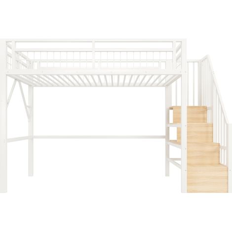 Letto a soppalco 90 x 200 cm in metallo e MDF con LED, scale contenitore, bianco (1/5)