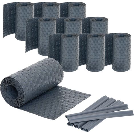 Sichtschutzstreifen Rattan Optik inklusive Befestigungsclips - 250 x 19cm, 10 Stück (25m), Anthrazit mit 20 Befestigungsclips