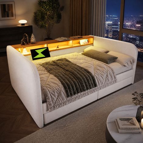 Letto da giorno 140x190 cm in legno e lino beige con cassetti per camera, senza materasso - FLORAGRACE (1/5)