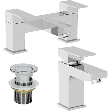 Modern Bathroom Square Mono Basin Mixer Bath Filler Tap Set Waste