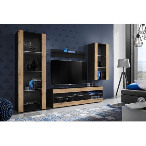 Komodee Ensemble de Meubles Tivoli Medio, Noir/Wotan, Largeur 245cm x Hauteur 159cm x Profondeur 35cm, sans LED, 3 étagères, pour Salon, Chambre, Entrée