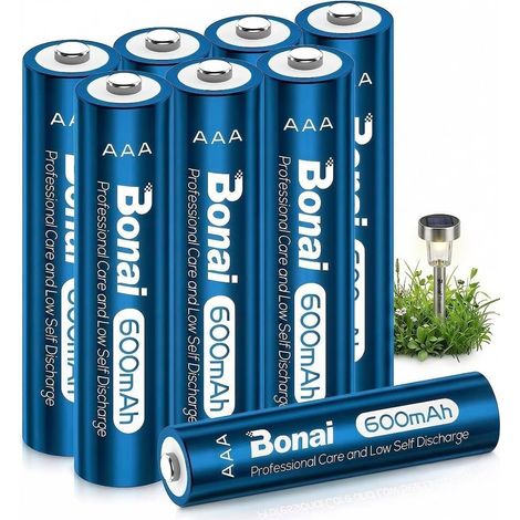 Lot de 8 Piles Rechargeables AAA 1.2V Ni-MH, 600mAh Batterie AAA Rechargeables Grande Capacité 1200 Cycles Auto-décharge pour Lampes solaires (1/5)
