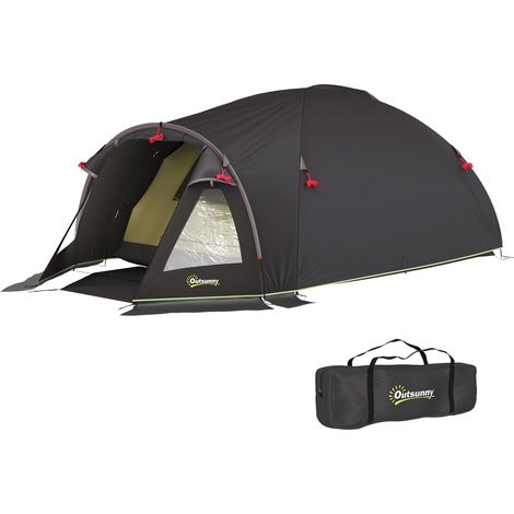 Tente tunnel camping 2 personnes, 2 chambres, étanche 3000mm, 330×190×120cm, noire, porte filet, fenêtres latérales, sac transport