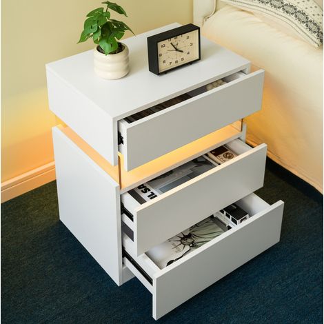 Table de chevet LED 3 tiroirs 40x35x60 cm blanche en bois ingénierie avec éclairage RGB et rangement (1/5)