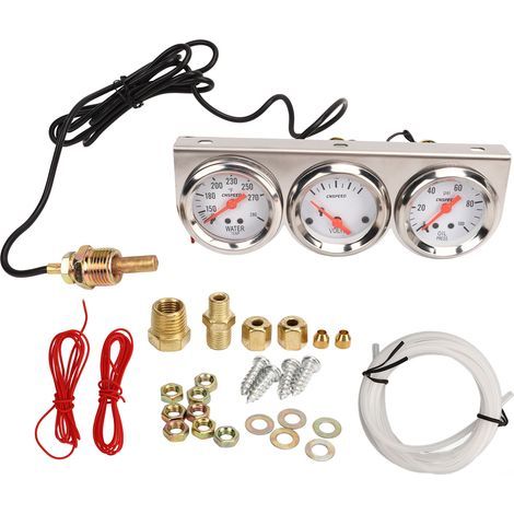 Ensemble de Compteurs de Voiture 3 en 1, Pression d'huile Durable, Température de l'eau, Compteur de Tension 2 Pouces 12 V Facile à Installer, Panneau chromé à Cadran Blanc (1/5)