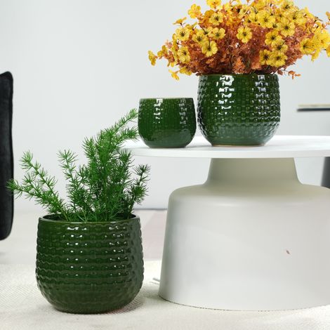 Set di 3 vasi da fiori in ceramica, Ø 23/17/12 cm, finitura verde scuro lucida, superficie testurizzata, adatti per uso interno ed esterno. (1/5)