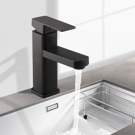 Robinet Salle De Bain Noir Design Elégant Mitigeur Lavabo avec Cartouche Céramique Robinet Lavabo Salle De Bain Tuyau Eau Chaude et Froide de 80cm et Matériau en Laiton Épaissi Chromé (1/5)