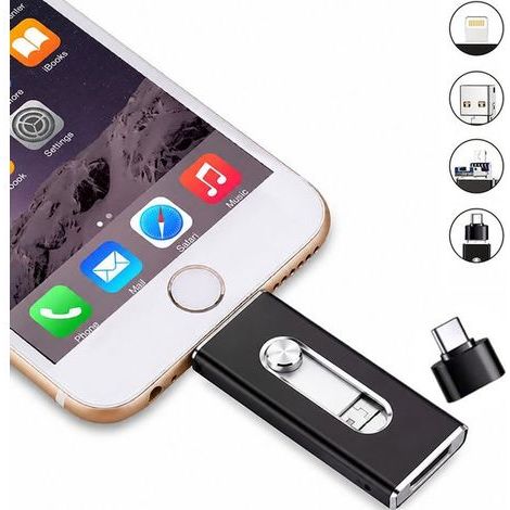 256GB 4-in-1 USB flash drive, compatible with iPhone, iPad, Android and PC, external storage for photos, videos and files, Plug-and-Play, black (1/5)