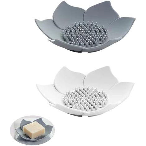 Lot de 2 Porte Savon, Porte savones à Fleurs avec Drain,Porte Savon en Silicone, Porte savones Cuisine, Plat pour I'éponge, pour Douche, Salle de Bain, Cuisine, Blanc et Gris