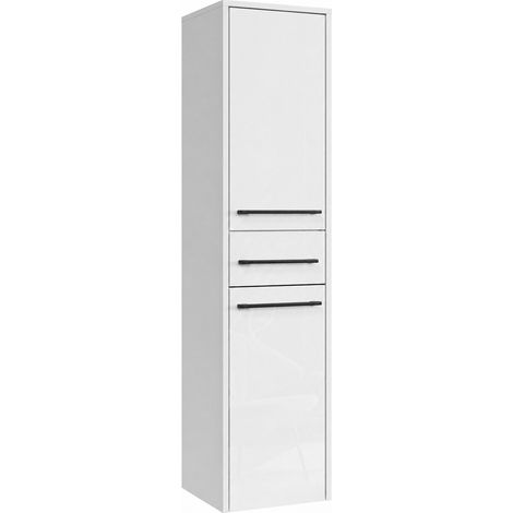 Badplaats Armadio Bagno Florence 30 x 35 x 130 cm – Bianco Lucido – Colonna Sospesa con 2 Ante e 1 Cassetto (1/4)