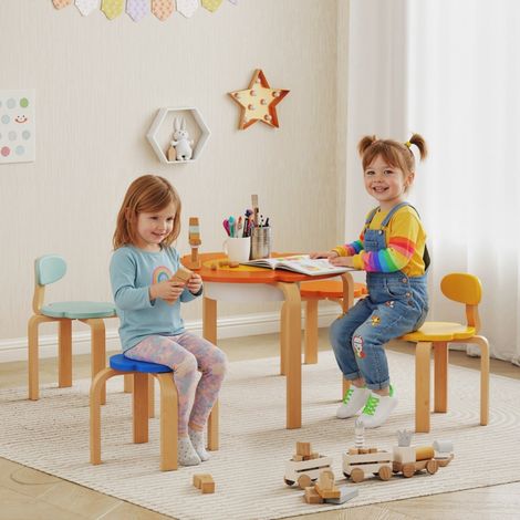 Ensemble table et chaises enfant 5 pièces, avec rangement intégré, forme fleur, pour salle de jeux, chambre d’enfant, bois multicolore (1/5)