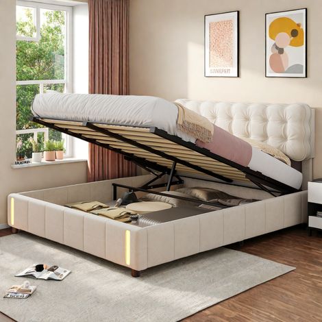 Lit 140x200 avec sommier et rangement, Cadre de Lit avec Lumière LED, Lits capitonné avec fonction hydraulique pour Adulte Velours Beige (1/5)