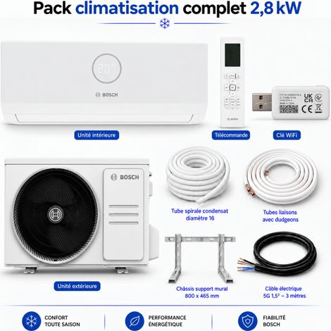 Bosch – Climatiseur réversible monosplit 2,8 kW – Technologie DC Inverter – Classe A++ en froid – Kit de raccordement 3 m inclus (1/5)