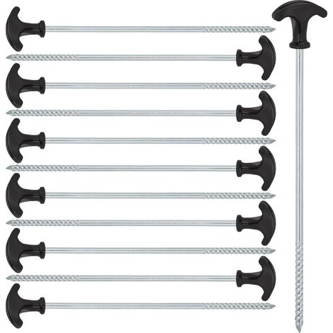 Piquets de tente - 12 pièces - 31 cm - Piquets à visser en acier - Sol dur - Noir (1/5)