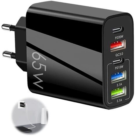 Chargeur USB C 65W 5 Ports Prise Chargeur USB Multiple Chargeur Rapide avec Double QC 3.0+PD 3.1A Type C Fast Charger Universel Secteur Adaptateur pour iPhone 15 14 13 12 11 Pro Max Samsung Xiaomi (1/5)