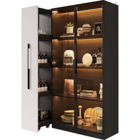 Vitrine Noir en MDF, verre et métal, Avec Éclairage LED et Étagères Réglables, 110,5 x 35 x 160cm - pour bureau, salon (1/5)