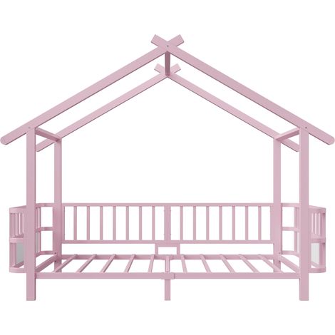 Lit enfant en métal forme maison 90 x 200 cm avec barrière de sécurité rose HOMVRA (1/5)