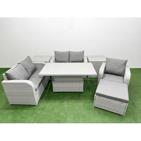 Fimous High Back Poly Rattan Garden Furniture Set with Reclining Chair Loveseat Sofa Adjustable Lifting Dining or Coffee Table Indoor Outdoor Patio Set Big Stool 2 Side Table Light Grey (1/5)