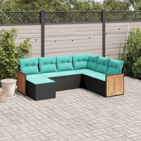 7-teiliges Gartensofa-Set mit Kissen, schwarzes Polyrattan (1/5)