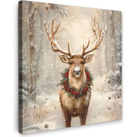 TABLEAU SUR TOILE Noël - Renne - Hiver - Couronne Tableau Chambre Adulte 90x90 cm