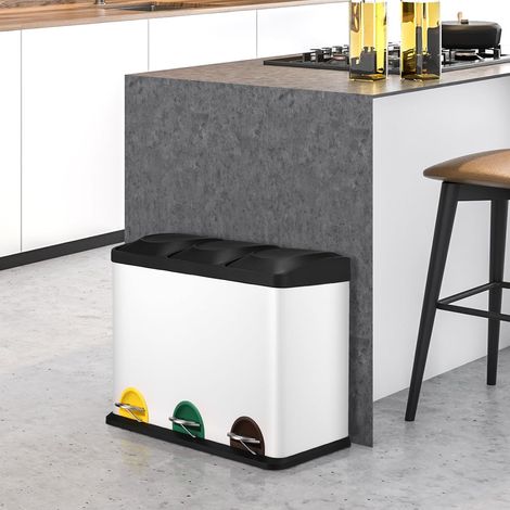 Poubelle 45 litres Avec couvercle,Poubelle Tri Selectif 3 Bac,Poubelles de recyclage,Poubelle de Cuisine,Corbeille à Pédale- Blanc (1/5)