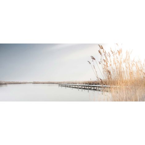 Tableau zen bleu, blanc et beige | Tableau sur toile nature lac avec ponton et épis de blé | Tableau paysage pour salle de bain 1,0 x 0,4 m (1/2)
