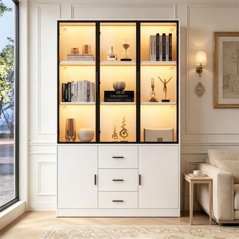 Vitrine haute blanche 120x30x200 cm, porte vitrée, éclairage LED, multiples étagères, 3 tiroirs, poignée, meuble de salon de collection (1/5)