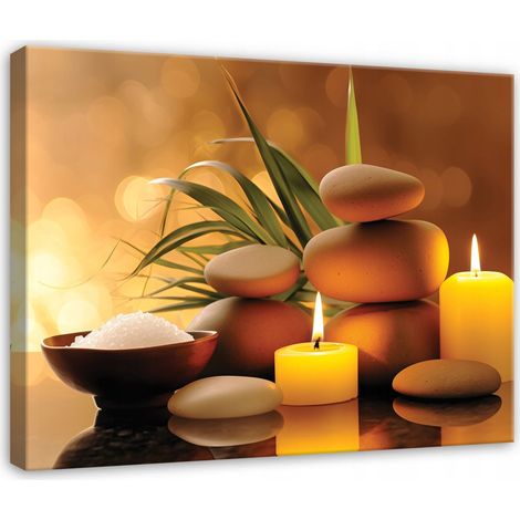 Leinwandbild Wandbild, Spa Steine und Kerzen, entspannende Wanddekoration für Wohnzimmer Schlafzimmer Massagepraxis und Spa, Kunstdruck HD, 60 x 40 cm