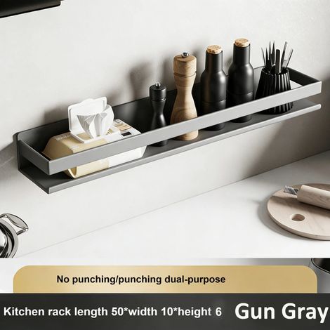 (50 cm - Gris anthracite) Étagère de rangement de cuisine en acier inoxydable facile à nettoyer, avec porte-épices amovible et lavable, et support mural pour bouteilles. Sans perçage. (1/5)