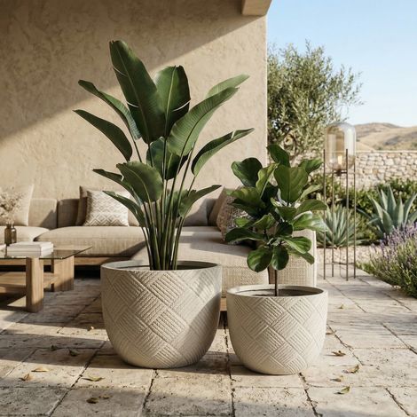 Ensemble de 2 jardinières rondes en béton, grands pots décoratifs rustiques faits main pour l'intérieur et l'extérieur, avec trous de drainage, pour la maison, le jardin et la terrasse, 37 x 28 cm et (1/5)