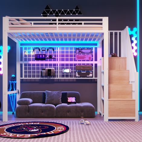 Lit mezzanine en métal 90 x 200 cm - Avec armoire - échelle de rangement et LED 7 couleurs - Style industriel - blanc (1/5)