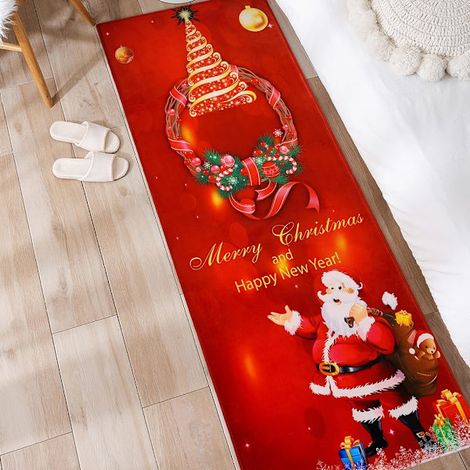Tapis de Noël, 160 x 50 cm, antidérapant, motif Père Noël, tapis de couloir, tapis de sol de Noël lavé (1/5)