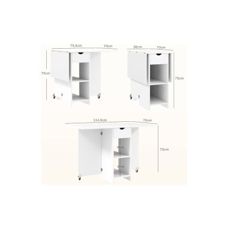 Table à manger pliante blanche pour 2 à 4 personnes avec étagères ouvertes et tiroir, pour cuisine et petite salle à manger (1/5)