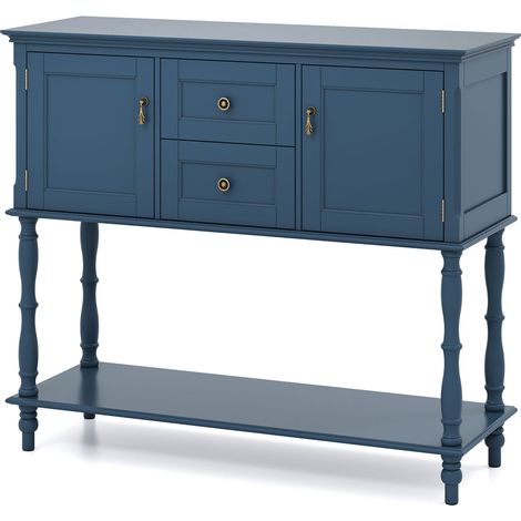 Table Console d'Entrée avec 2 Portes 2 Tiroirs, Plateau Spacieux, Étagère Ouverte, Poignées, Pieds Tournés en Pin, Style Vintage, Bleu (1/5)