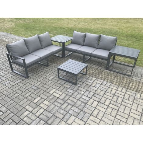 Fimous Aluminium 5 Pieces Garden Furniture Sofa Set with Cushions 6 Seater Outdoor Patio Set with Square Coffee Table 2 Side Tables Dark Grey (1/5)