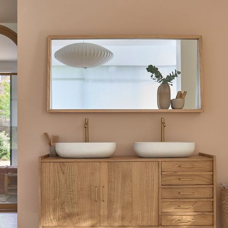 Berah Getah – Miroir lumineux de salle de bain 135x67 cm – Mindi massif naturel – Design vintage scandinave avec plateau pratique (1/5)