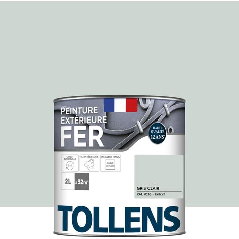 Peinture fer extérieure 2 en 1 - Ultra Résistante, séchage rapide et antirouille - TOLLENS - Brillant - Gris Clair - 2L = 32m2