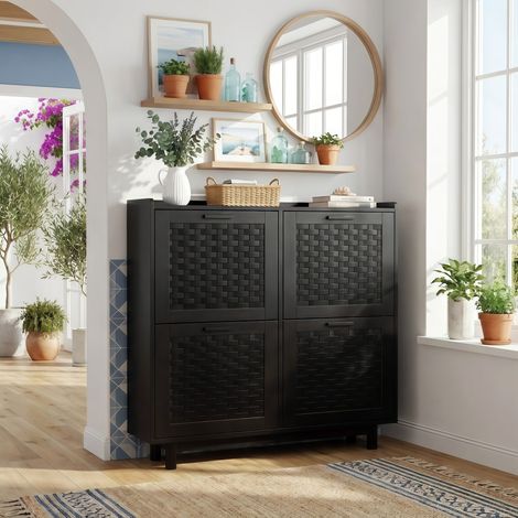 Zapatero de madera maciza y ratán trenzado, mueble de almacenaje con 4 puertas abatibles y estante, tiradores de metal negro, ahorra espacio 100x24x95 cm - Negro (1/5)