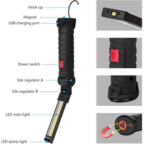 Lampe De Travail - Rechargeable USB - Base Magnetique - Rotation 360° - 5 Modes Eclairage - Lot De 2 (1/4)