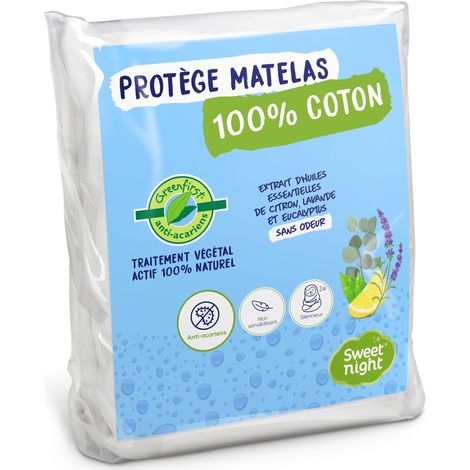 Sweetnight - Protège Matelas 160x200 cm - Molleton 100% Coton - Traitement Végétal Anti-Acariens Greenfirst - Silencieux