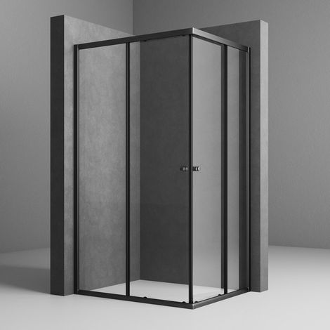 Schwarzer Duschkabine 100x100 cm Eckeinstieg Schiebetür Duschabtrennung mit Doppel Schiebetüren aus 6mm ESG Sicherheitsglas, Duschwand Höhe 185cm, LINKS & RECHTS MONTIERBAR