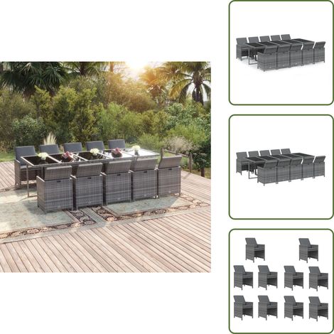 The Living Store Set Pranzo da Giardino 11 pz con Cuscini in Polyrattan Grigio - Tavolo da pranzo da esterno
