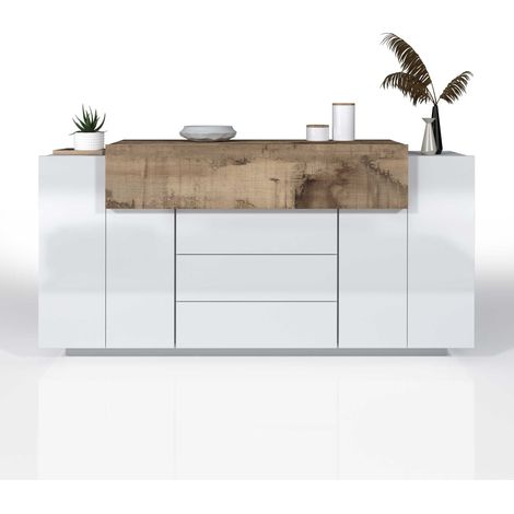 WHOUS - Credenza CORONA per Soggiorno LxH 160x85 cm Doppia Profondità - Madia Soggiorno Moderna con 2 ante, 1 a Ribalta e 3 cassetti - Credenza Bianco lucido/Acero Pereira (1/5)