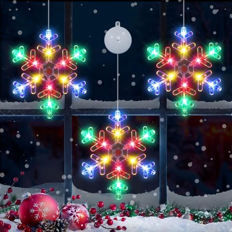 [Minuterie] Décorations de Noël pour fenêtres, lot de 3 guirlandes lumineuses flocons de neige avec ventouses, fonctionnant sur piles, pour intérieur et extérieur, cheminée, maison ou fête. (1/5)