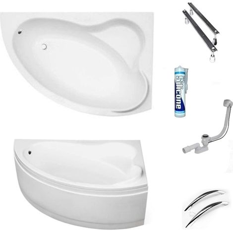 ECOLAM Baignoire d'angle acrylique blanc Ada 160x100 cm droite, tablier en acrylique, poignées, pieds, siphon + silicone. Baignoire acrylique blanc (1/5)