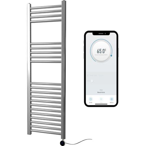 Chrome Electric Smart WiFi Controlled Heated Towel Rail 400mm W x 1200mm H Straight 7 Day Programmable Timer App Compatibility (1/5)
