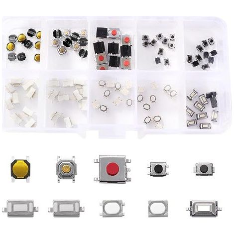 100 Pièces 10 Value Boutons Poussoirs Tactiles Micro Momentary Tact Assortiment Kit, D'assortiment de Bouton Tactile, pour Clé de Télécommande de Voiture (1/5)