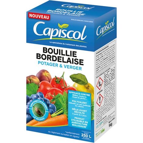 CAPISCOL Bouillie Bordelaise - 1kg - 250L De Solution - Granulés A Dissoudre - Traitement Préventif & Traditionnel - Mildiou Tavelure Cloque Du Pêcher - Coloration Bleue BB1000